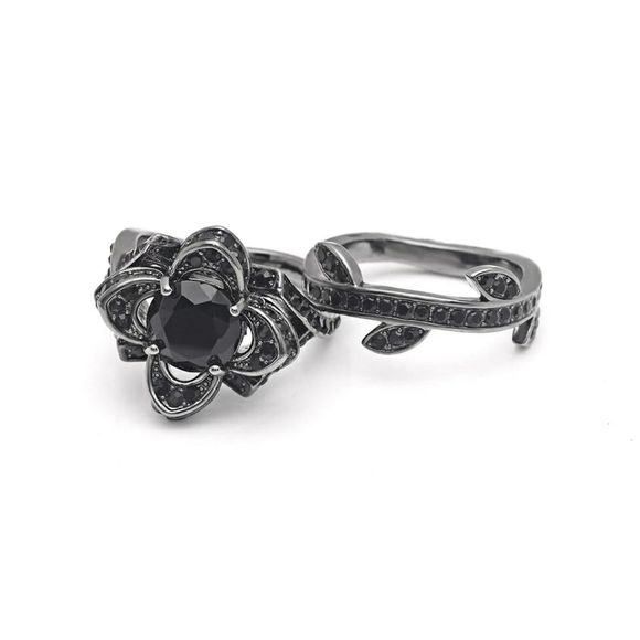 Black stone flower zirconia ring set - Picture 2 of 8